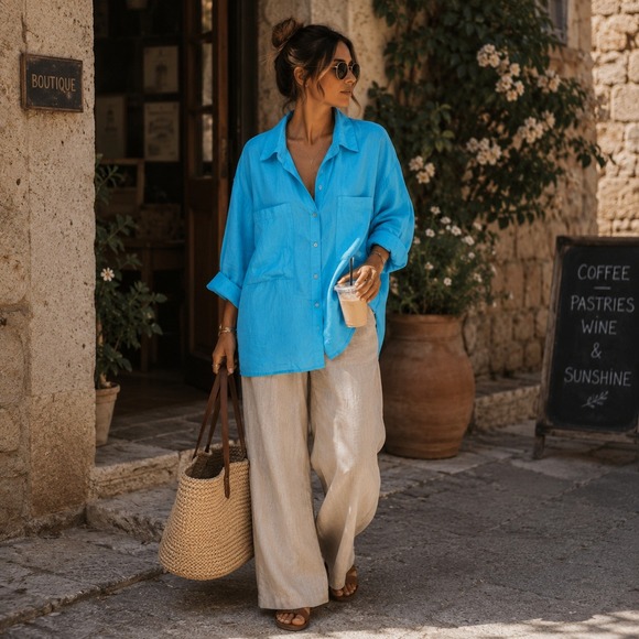 Magaschoni Tops - Magaschoni Womens 100% Linen Button Down Shirt Turquoise Blue Roll Tab Large